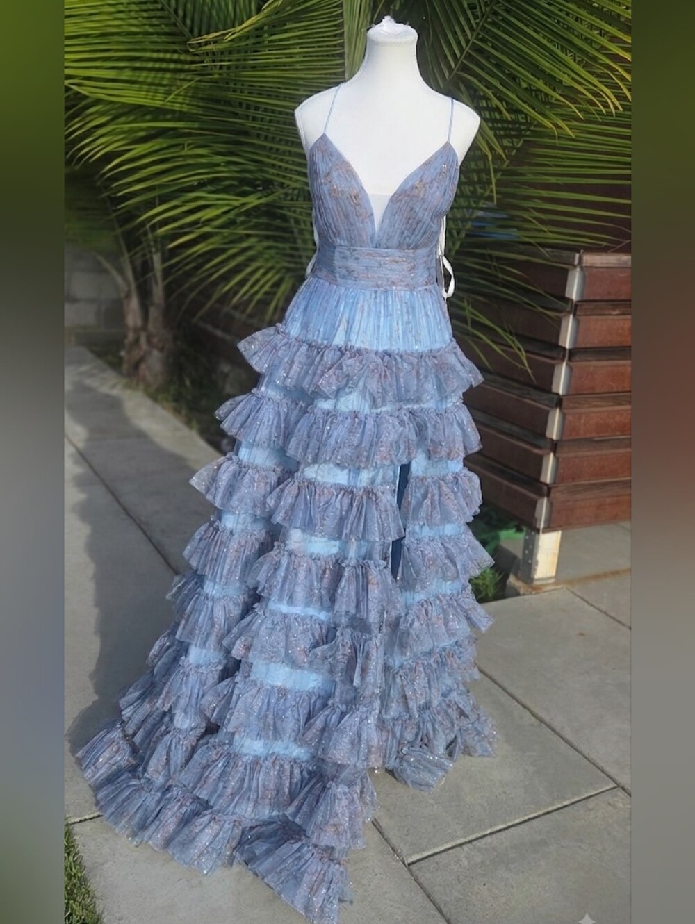Jovani Dusty Blue Floral Sparkle Spaghetti-Strap Gown - Picture 2 of 11
